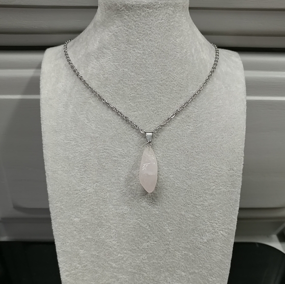 Rose Quartz Necklace Natural Gemstone Pink Crystal Pendant Stainless-Steel Chain - Picture 3 of 17